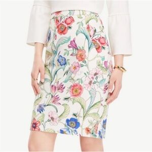 Ann Taylor White Floral Pencil Skirt with Multicolor Blooms